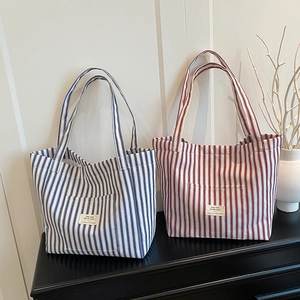 Large capacity striped canvas tote bag for women, lightweight minimalist shoulder handbag