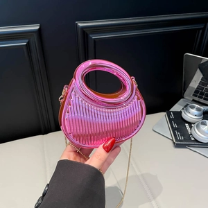 Metallic Textured PU Crescent Shoulder Bag With Round Handle And Chain Strap Stylish Crossbody Evening Clutch Bag For Women Gift
