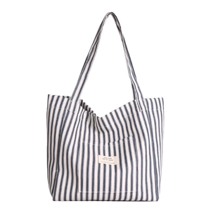 Classic blue and white striped canvas tote bag with large capacity and shoulder straps