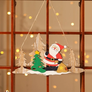 Decorazione natalizia artigianale in legno con Babbo Natale e alberi di Natale