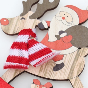Christmas wooden Santa riding reindeer ornament with red knit scarf festive decoration