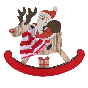 Wooden rocking reindeer horse ornament with Santa Claus and red knitted scarf decor
