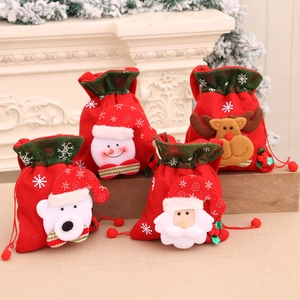 Christmas Drawstring Gift Bags Fabric Festive Candy Handbags With 3D Santa Snowman Reindeer Bear Characters Holiday Favors