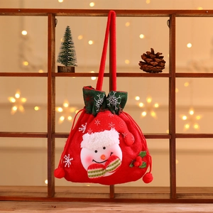 Detail of red Christmas drawstring gift bag with a 3D plush snowman and embroidered snowflake