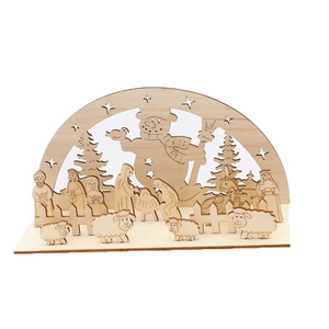 DIY Christmas wooden ornament featuring laser-cut snowman and village scene on white background