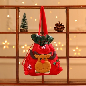 Christmas reindeer gift bag with soft fleece and red sequins in a festive indoor setting