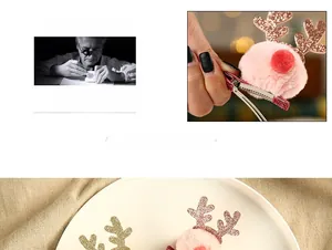 Detail of Christmas reindeer hair clips with pink pom-poms and sequined gold antlers