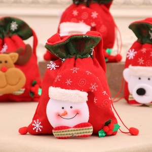 Red Christmas drawstring gift bag with a 3D snowman, snowflakes, and festive green trim