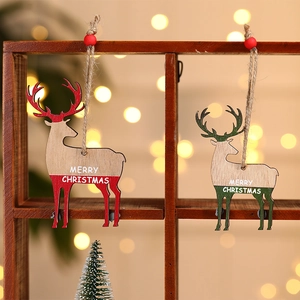 Rustic wooden Christmas reindeer ornaments with Merry Christmas print and jute twine