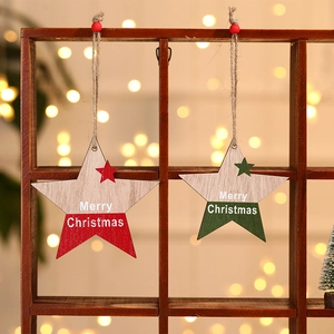 Star-shaped wooden Christmas ornaments with Merry Christmas print and festive jute string