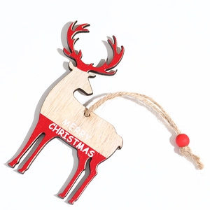 Detail of wooden reindeer ornament with Merry Christmas print and natural red accents