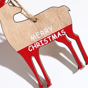 Detail of wooden reindeer ornament with Merry Christmas text and natural jute rope