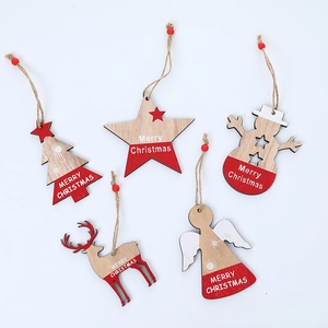 Set of 5 painted wooden Christmas ornaments with snowflake patterns and Merry Christmas text