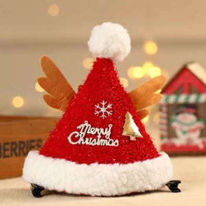 Mini bonnet de Noël en tricot rouge barrette avec bois de renne et breloque dorée