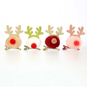 Set of four plush reindeer antler hair clips in khaki, white, red, and pink colors