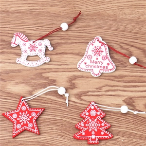 Set of 12 festive wooden Christmas tree ornaments with red and white festive designs