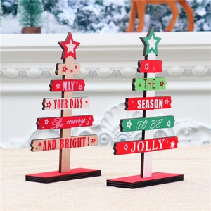 DIY wooden mini Christmas tree table ornaments with festive greetings for office decor