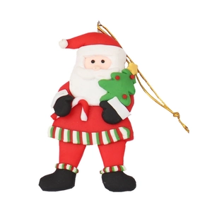 Cartoon Santa Claus ornament holding green Christmas tree with golden hanging string