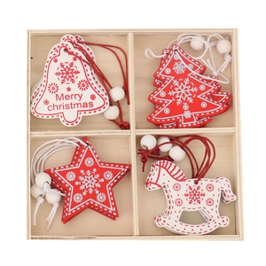 Set of 12 red and white wooden Christmas ornaments in a natural gift storage box