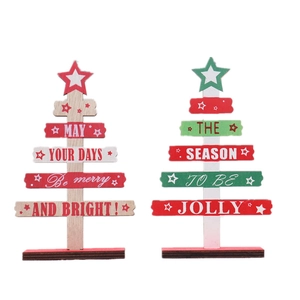 DIY wooden mini Christmas tree table ornaments with festive English greetings and stars