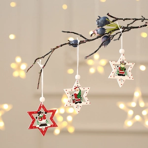 Christmas Star Wood Hanging Ornaments Painted Cartoon Santa Snowman Reindeer Festive Holiday Tree Home Decor