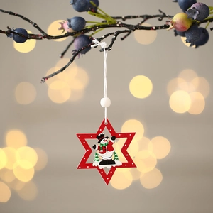 Mini wooden Christmas tree ornament featuring a red star and cute snowman design