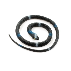 Realistic 70cm black rubber snake toy with blue and white ring patterns for Halloween pranks