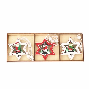 Set of 9 mini DIY Christmas tree wooden star pendants with Santa, snowman, and elk