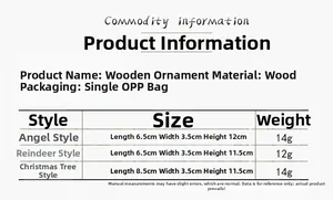 Size chart showing dimensions for wooden Christmas angel, reindeer, and tree ornaments