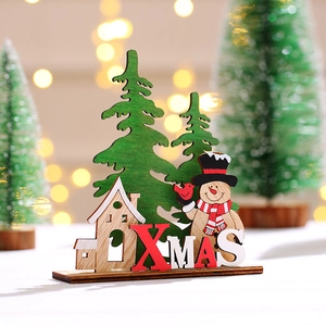 Décoration de Noël en bois coloré avec lettres XMAS et bonhomme de neige sur socle