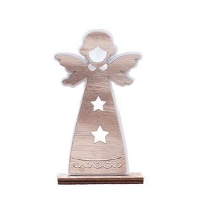 Minimalist wooden angel statue with star cutouts and natural grain on a rectangular base