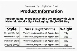 Detailed size chart for LED wooden Christmas ornaments including star and tree shapes
