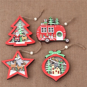 Set of 4 Christmas wooden hollow star and tree ornaments with festive light-up scenes