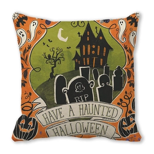 Halloween pillow cover with spooky castle and pumpkin design on peach skin fabric