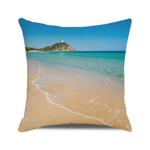 Square cushion cover with tropical summer beach scene printed on linen textured fabric