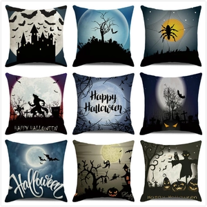 Funda de Cojín de Halloween Lino Calabaza Murciélago Bruja Castillo Patrón Decorativa Hogar Cuadrada para Sofá