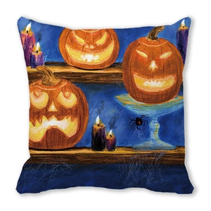 Housse de coussin Halloween avec citrouilles et bougies sur tissu peau de pêche