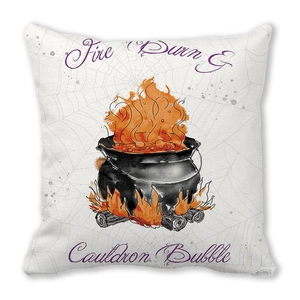 Detailed close-up of Halloween witch cauldron printed on high-density peach skin fabric