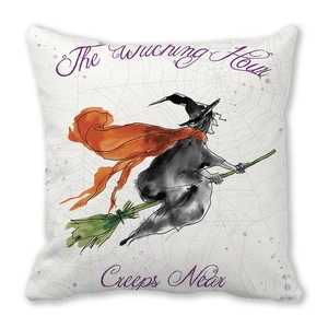 Detail of Halloween pillow case featuring a flying witch on white peach skin fabric
