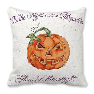Detail of Halloween pumpkin pillow case with orange Jack-o'-lantern and spider web pattern