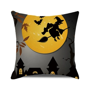 Funda de cojín de Halloween con silueta de bruja y luna sobre tejido de lino decorativo