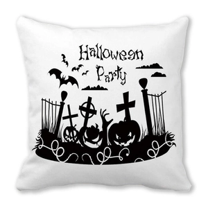 Detailed view of Halloween Party pillow case featuring black bats and tombstones