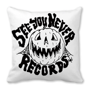 Halloween peach skin throw pillow cover with pumpkin and spider web art on white fabric