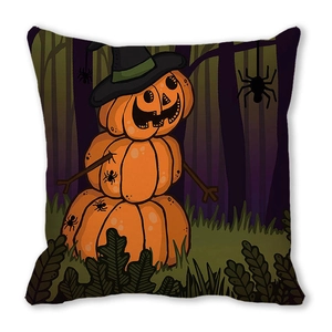 Halloween pumpkin scarecrow watercolor pillowcase with wizard hat and spooky forest design