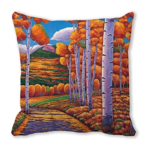 Watercolor autumn forest landscape pillow cover with golden birch trees on white background