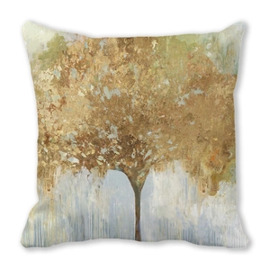 Detailed texture of peach skin fabric with artistic gold abstract tree oil painting