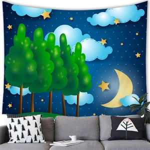 Cartoon moon and stars blue forest tapestry hanging above a grey sofa for wall decor