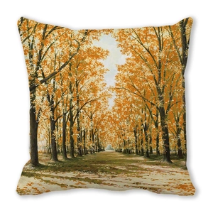 Detailed view of fall landscape oil painting print on peach skin pillowcase fabric
