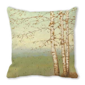 Close-up of peach skin fabric cushion cover with watercolor birch forest and maple leaves