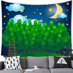 Cartoon night forest tapestry hanging over a grey sofa in a cozy modern living room
